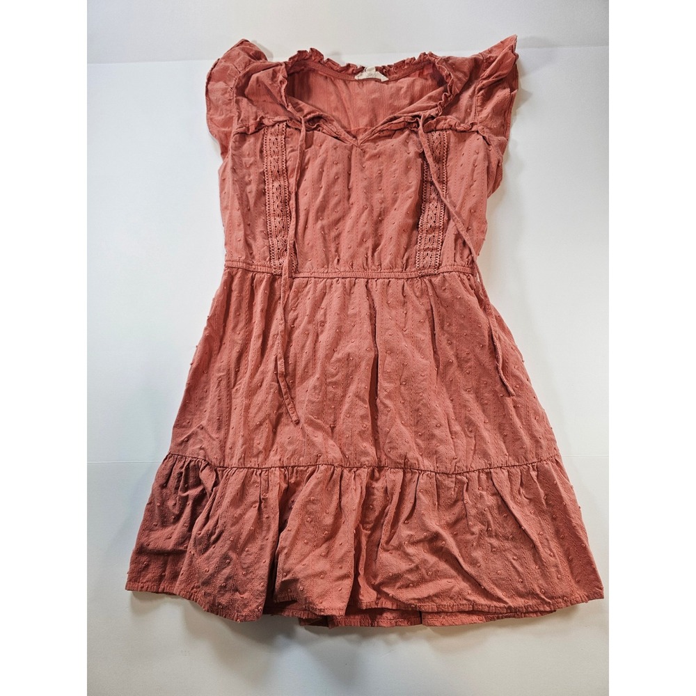 Mine Swiss Dot Mini Dress Women L Pink Boho Ruffle Lace Tiered Babydoll